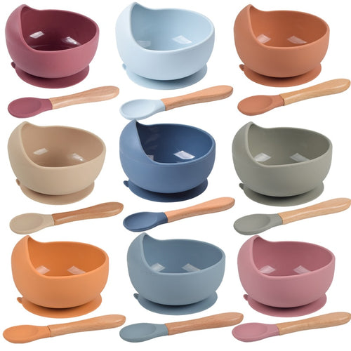 Silicone Suction Bowl and Wooden Spoon